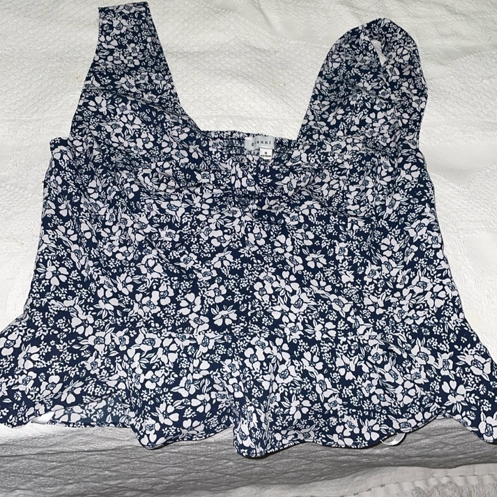 Gianni Bini Navy and White Floral Tank Top